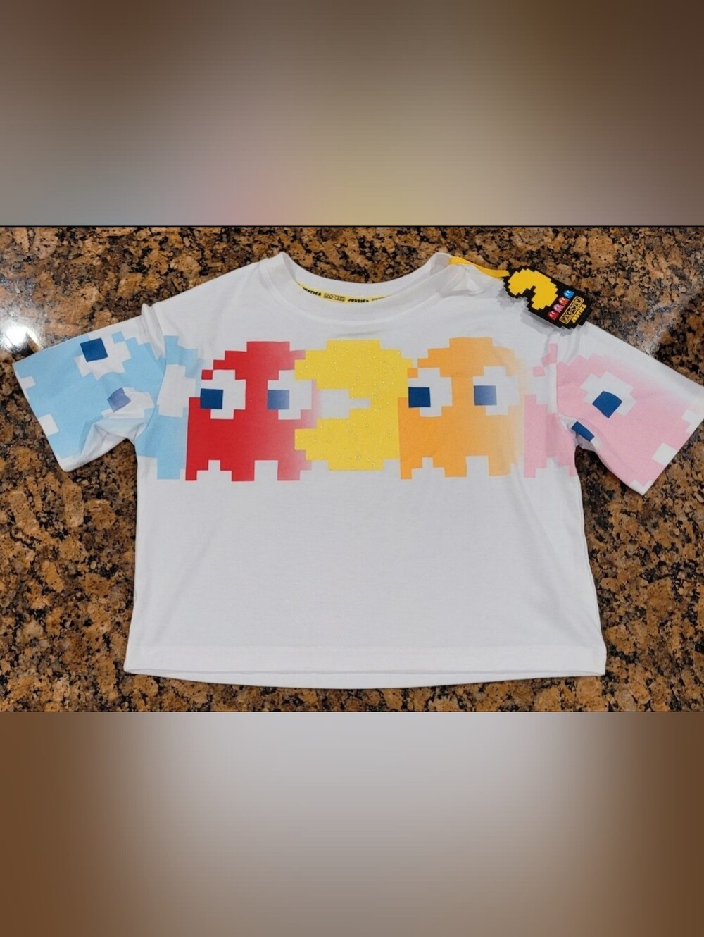 Justice White Tee with Pixel Pac-Man Ghosts in Red, Yellow, Orange and Blue